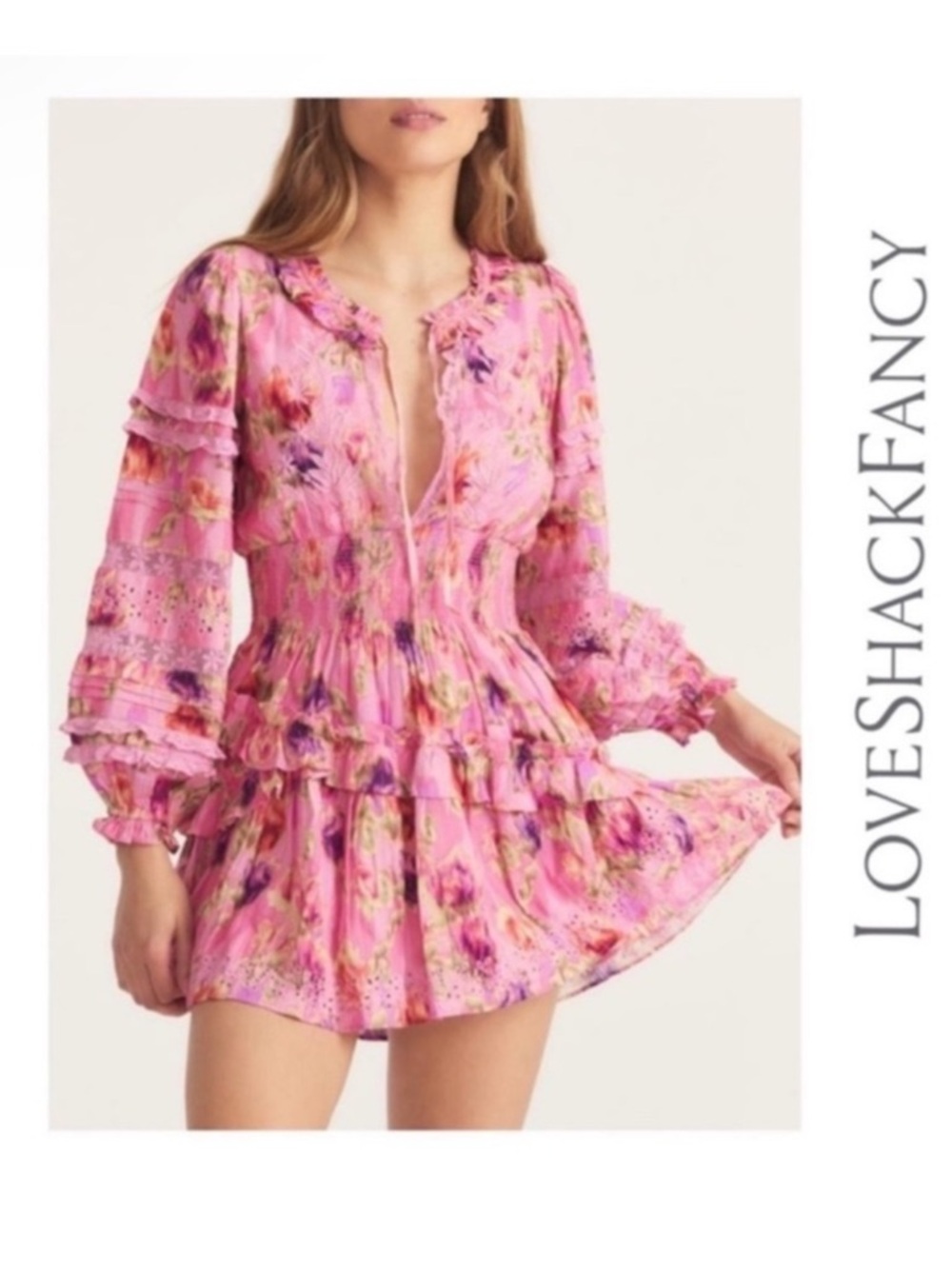New! LoveShackFancy Clarkie Pink Floral Ruffle Mini Dress Lace Boho